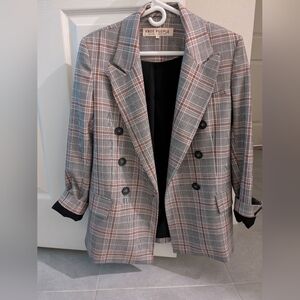 Free People Brown and Cream Plaid Double-Breasted Blazer